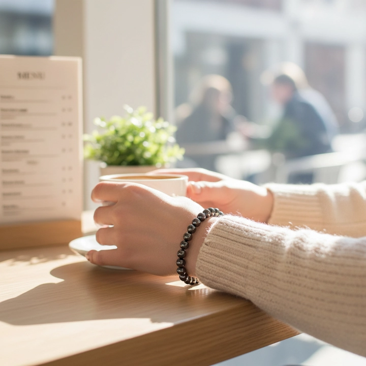 pendente in shungite - forma tonda con incisione - indossato f