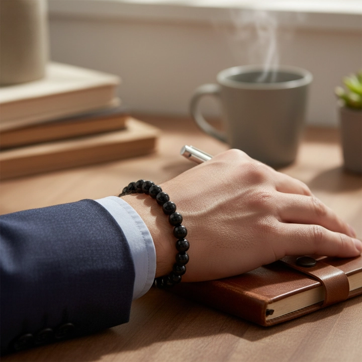 pendente in shungite - forma tonda con incisione - indossato m